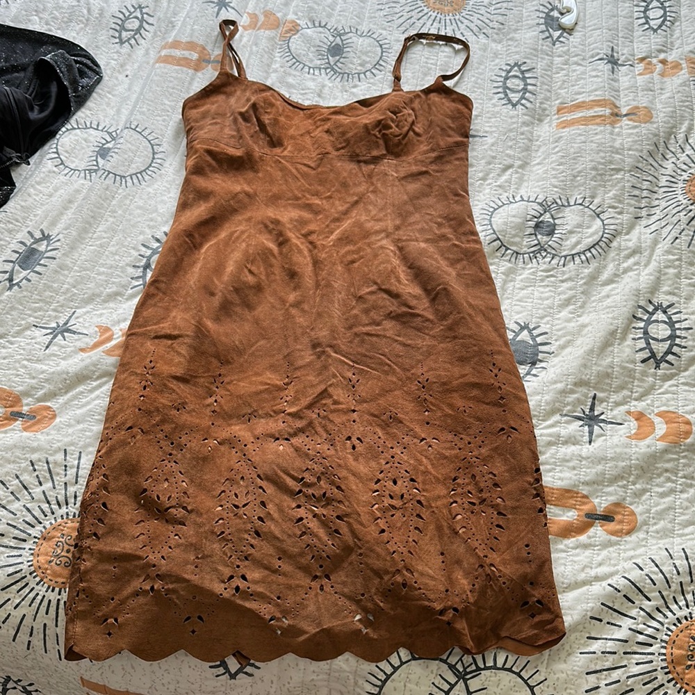 Vintage Suzanne Sommers real brown suede size small cut out dress